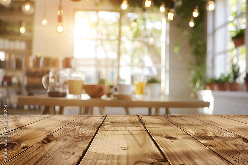 Cozy Cafe Interior with Warm Lighting and Wooden Table Surface Cozy Cafe Interior with Warm Lighting and Wooden Table Surface
