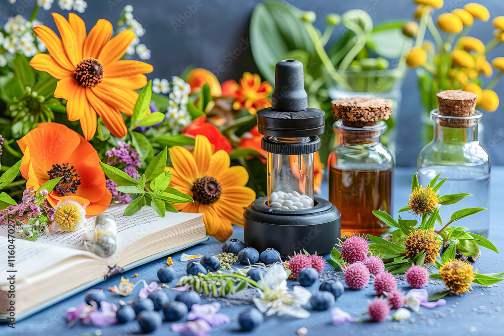 Alternative medicine being dispensed with a mortar and pestle surrounded by flowers Alternative medicine being dispensed with a mortar and pestle surrounded by flowers