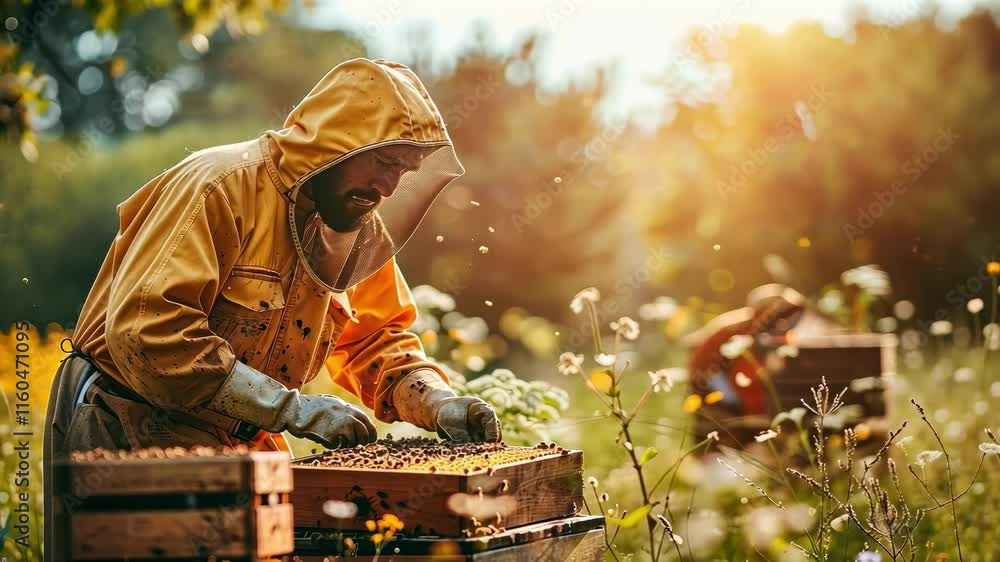 a man in protective clothing near a beehive. Selective focus a man in protective clothing near a beehive. Selective focus