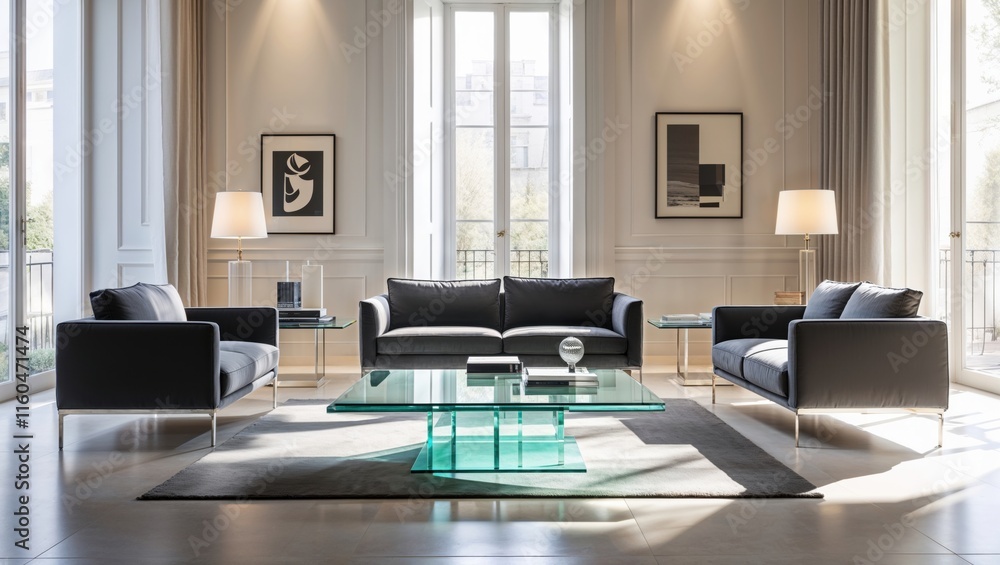 L-Shaped Glass Desk in a Bright Modern Office L-Shaped Glass Desk in a Bright Modern Office
