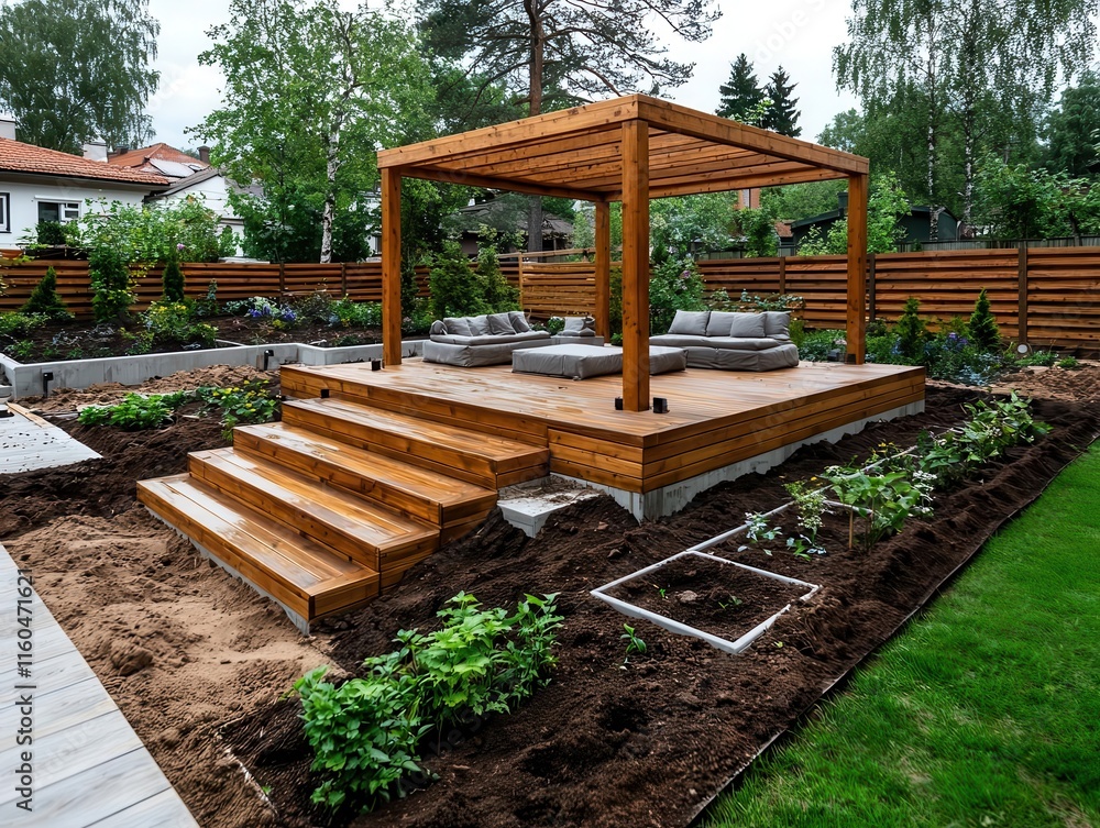Backyard garden with wooden gazebos and seating areas under construction, piles of soil, peaceful suburban neighborhood, midday light Backyard garden with wooden gazebos and seating areas under construction, piles of soil, peaceful suburban neighborhood, midday light