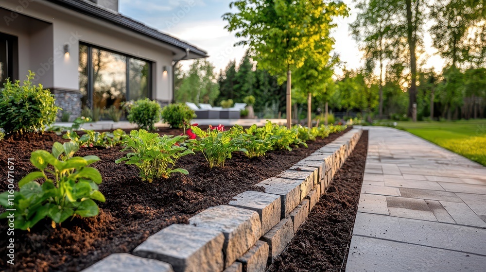 Garden under construction with stone walls and walkways, large trees in the background, modern residential area, soft evening light Garden under construction with stone walls and walkways, large trees in the background, modern residential area, soft evening light