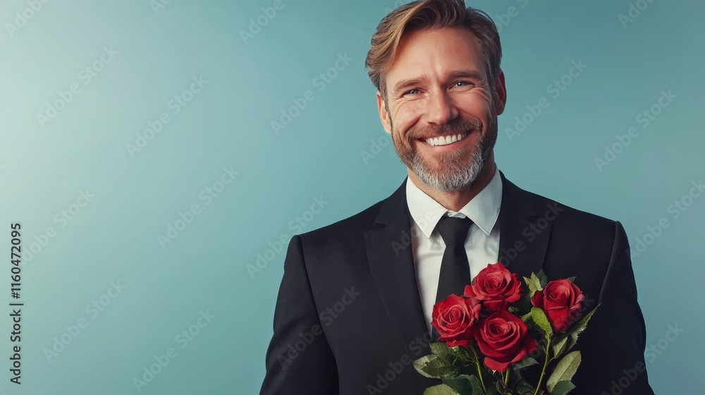 Charismatic Man in Suit Holding Red Roses Against Blue Background Charismatic Man in Suit Holding Red Roses Against Blue Background