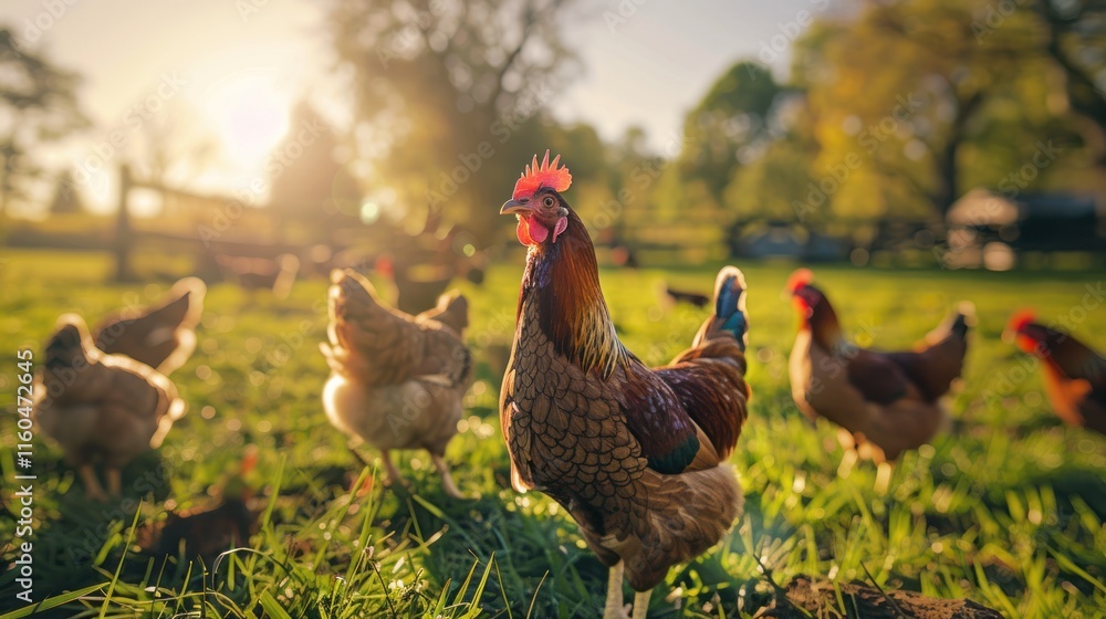 Fototapeta premium Rooster and hens graze in a field during sunset.