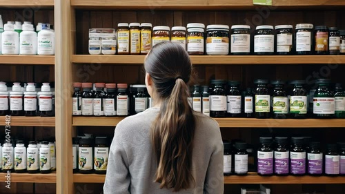 Rear/back view of a woman with a ponytail is standing in front of a shelf filled with food supplement bottles Female customer examining the products on the shelf in a pharmacy or retail store.