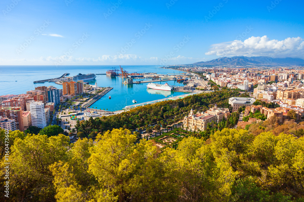 Naklejka premium Malaga city aerial panoramic view in Andalusia, Spain