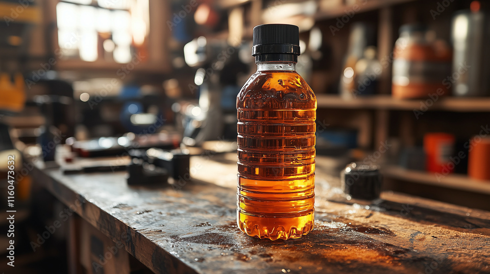 Bottle of engine oil on wooden workbench in garage. Bottle of engine oil on wooden workbench in garage.