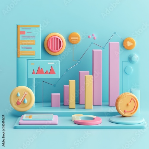 Colorful 3D data visualization chart showing growth. photo