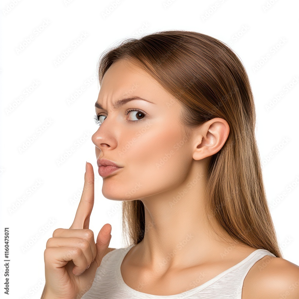A woman is pointing at her nose Isolated on White Background Generative AI A woman is pointing at her nose Isolated on White Background Generative AI