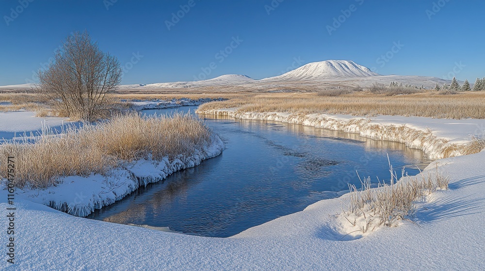 Snowy river bends through winter landscape.