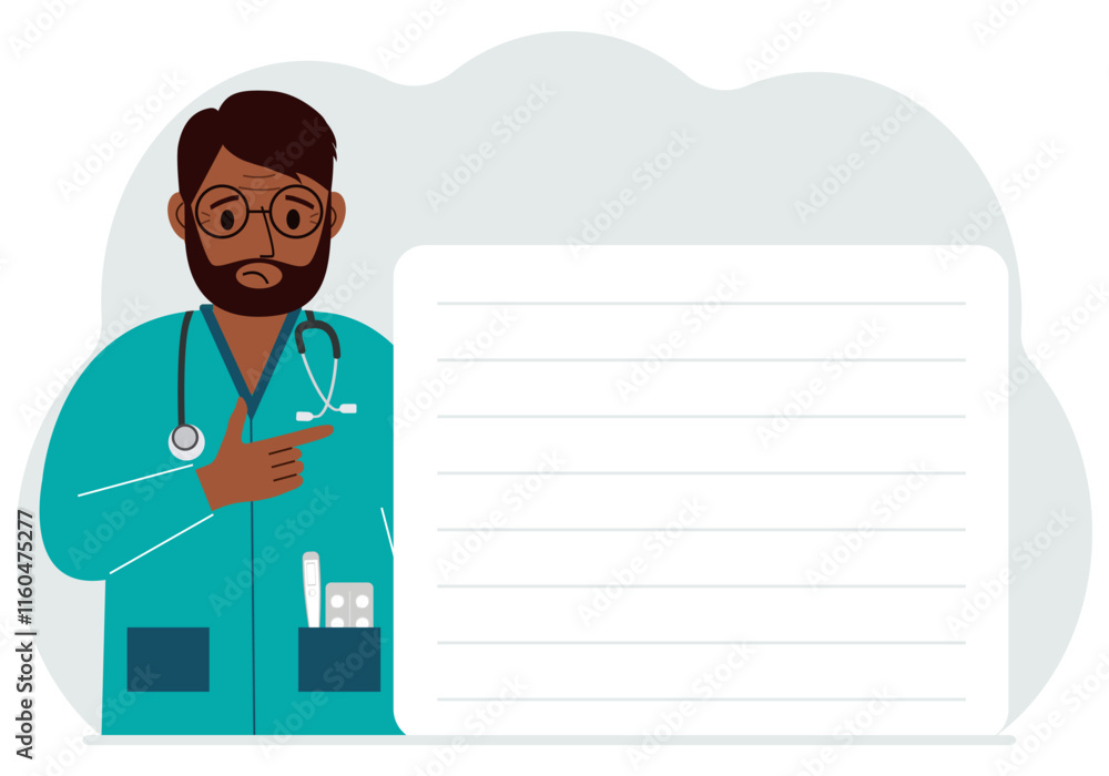 Sad man doctor holding a file with blank paper for text. Vector Sad man doctor holding a file with blank paper for text. Vector