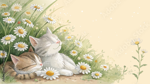 Watercolor cats napping in sunbeams, warm and peaceful vibe with copy space