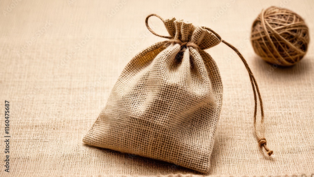 Handmade burlap pouch mockup with brown drawstring on a soft neutral background. Handmade burlap pouch mockup with brown drawstring on a soft neutral background.