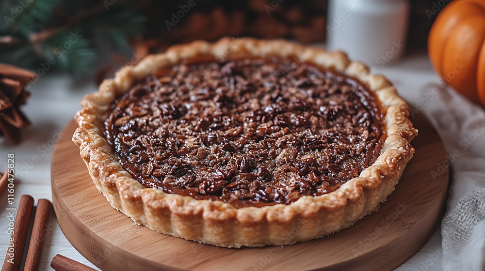 A close-up view of a pecan pie in a golden crust on a wooden platter, part of a larger collection of autumn themed photos A close-up view of a pecan pie in a golden crust on a wooden platter, part of a larger collection of autumn themed photos