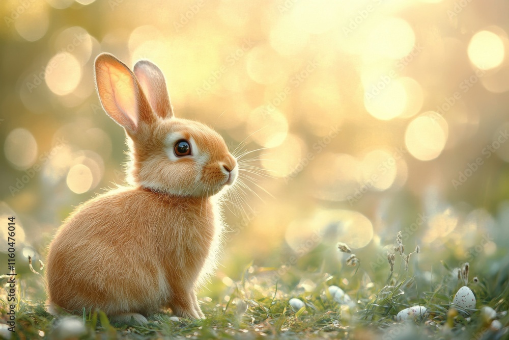 Cute brown rabbit sitting in a sunlit meadow surrounded by flowers and soft sunlight during golden hour Cute brown rabbit sitting in a sunlit meadow surrounded by flowers and soft sunlight during golden hour