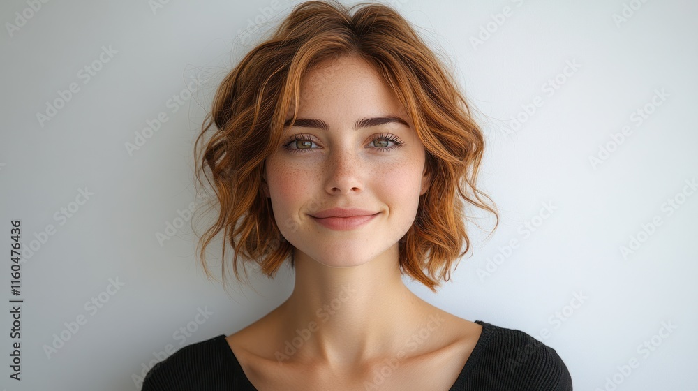 Artistic short-haired woman with chestnut hair styled in a vintage theme, smiling confidently, on solid white background, single object Artistic short-haired woman with chestnut hair styled in a vintage theme, smiling confidently, on solid white background, single object