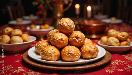 Festive sesame seed balls and cookies on celebratory banquet table, tradition photo