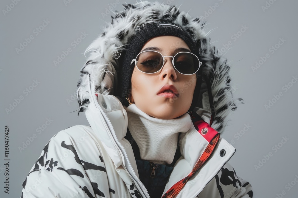 attractive young non binary person in stylish winter outfit posing on gray background fashion attractive young non binary person in stylish winter outfit posing on gray background fashion