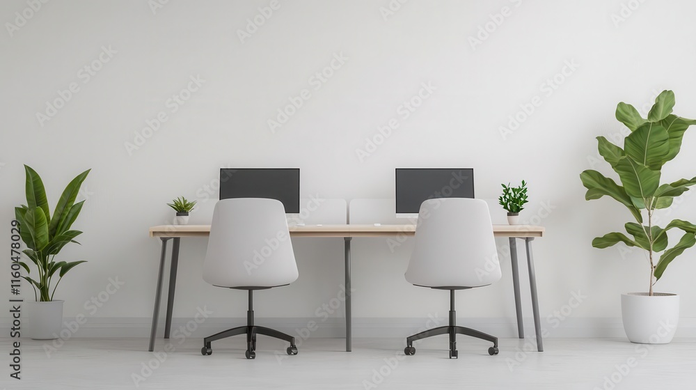 Minimalist office with large communal desks, soft tones, and organized layout, Coworking Space, Organized Minimalism Minimalist office with large communal desks, soft tones, and organized layout, Coworking Space, Organized Minimalism