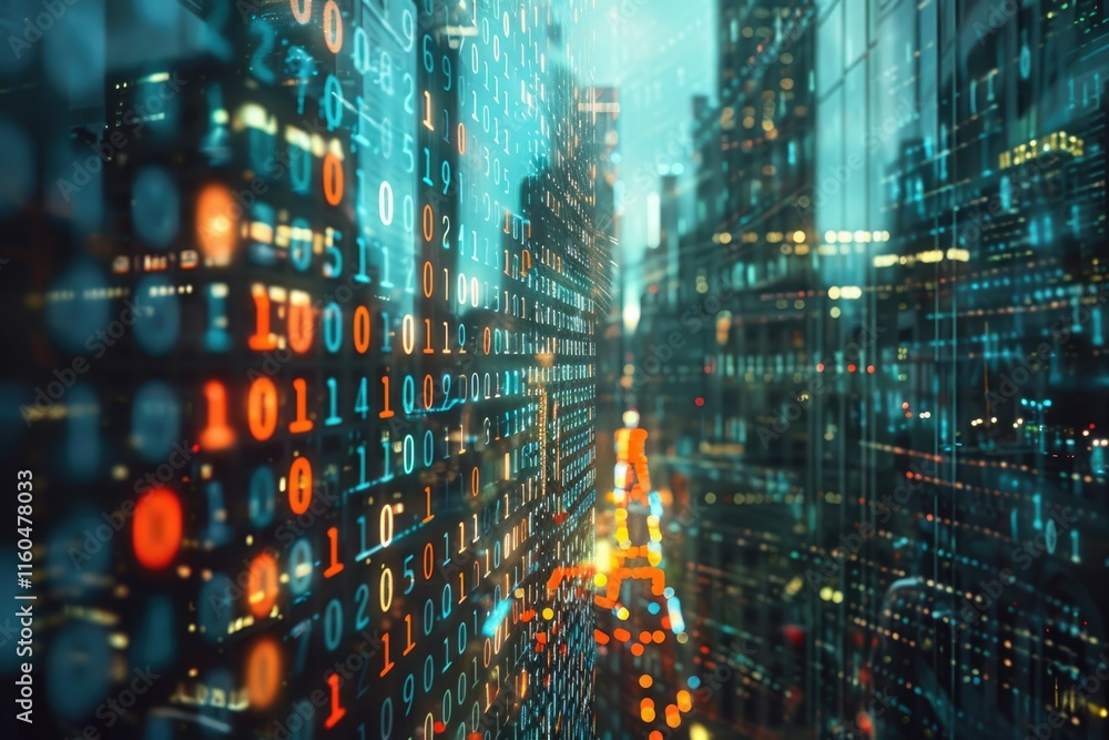 Obraz premium Abstract binary code hologram on New York skyscrapers background. Database and programming concept.