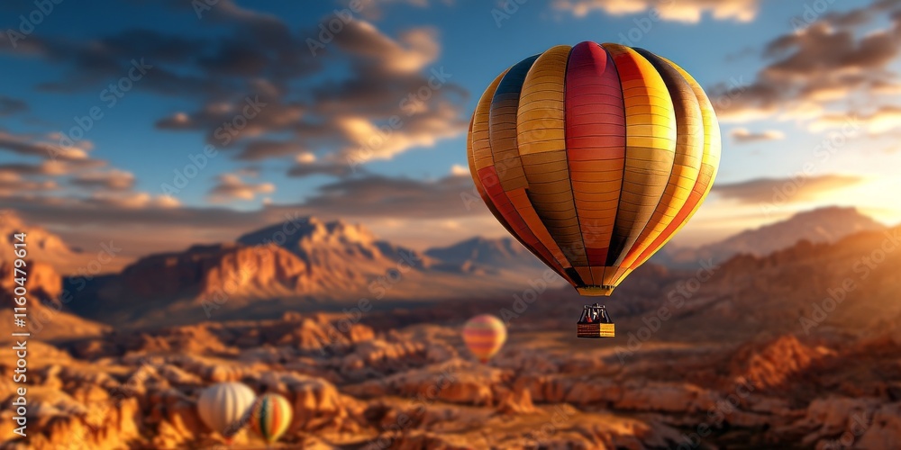 Colorful hot air balloon flying over valley of fire state park at sunset Colorful hot air balloon flying over valley of fire state park at sunset