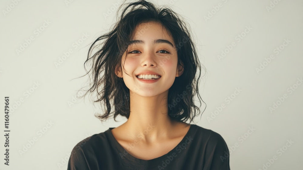 Candid portrait of a young woman in casual attire, smiling naturally with a gradient background, on solid white background, single object Candid portrait of a young woman in casual attire, smiling naturally with a gradient background, on solid white background, single object