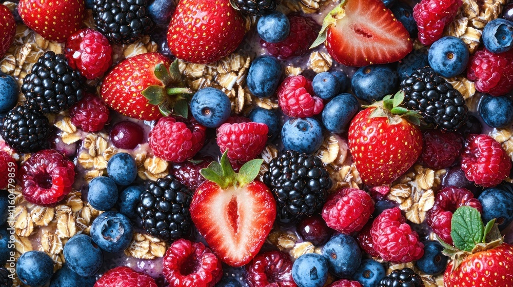Fototapeta premium Delicious Berry Oatmeal Breakfast Bowl With Fresh Fruit