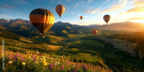 Hot air balloons flying over green valley at sunset photo