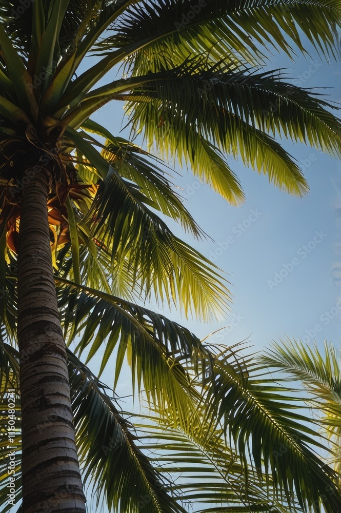 Obraz premium green wallpaper, Bright tropical palm leaves swaying under a clear sky