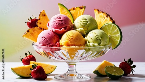  Bowl of colorful sorbet scoops in mango, raspberry, and lime flavors served with fresh fruit slices