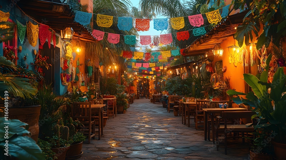 Naklejka premium Vibrant Latin American party scene featuring festive banners, flags, and traditional decorations