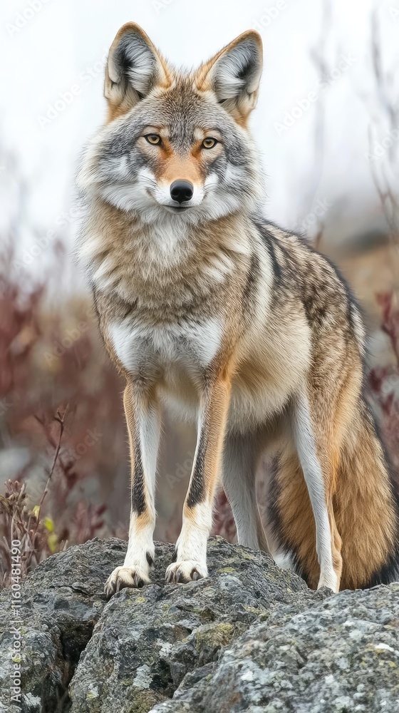 Naklejka premium A coyote standing on a rock with a blurred natural background.