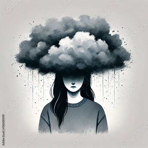 Wallpaper Mural Minimalist illustration of Mental Health Concept Image Showing Unhappy Woman With Head In Storm Cloud Against Grey Background Torontodigital.ca