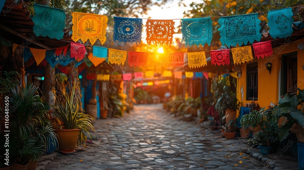 Fototapeta premium Joyful atmosphere with colorful Latin American flags, banners, and traditional decorations