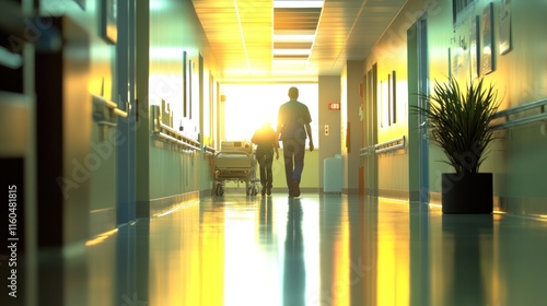 Healthcare professionals walking through a brightly lit hospital corridor, with dynamic blur highlighting movement photo