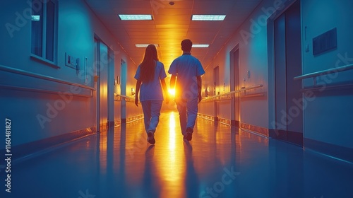 Healthcare professionals walking through a brightly lit hospital corridor, with dynamic blur highlighting movement photo