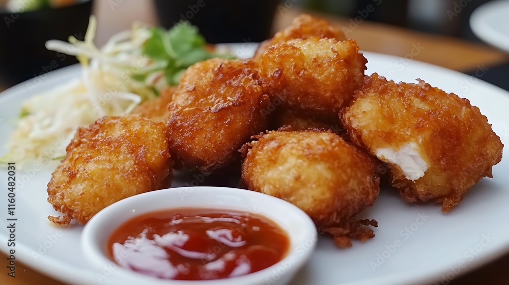 Crispy fried fish nuggets served with sweet chili sauce and salad. Crispy fried fish nuggets served with sweet chili sauce and salad.