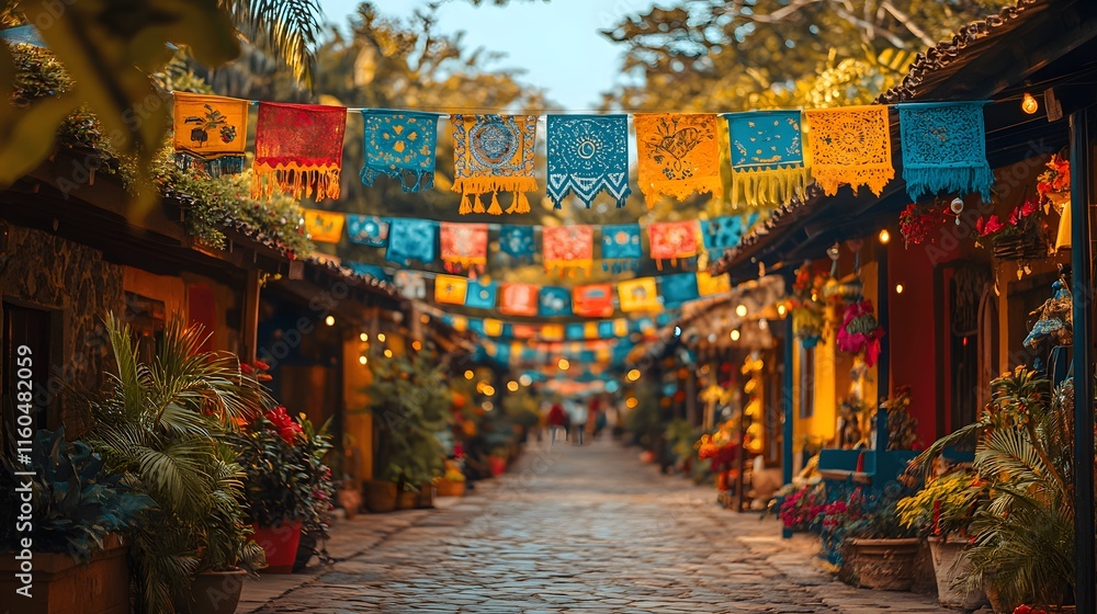 Fototapeta premium Festive decorations with Latin American flags, colorful ornaments, and traditional cultural elements