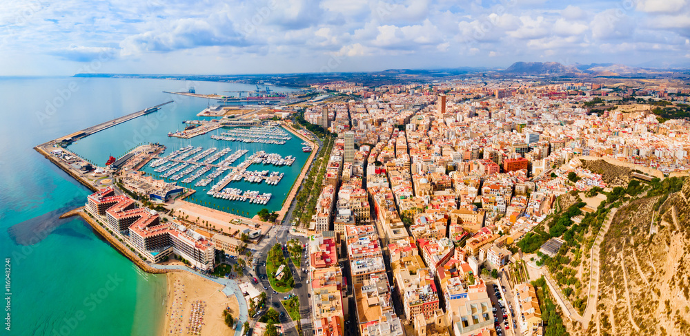 Alicante city port aerial panoramic view, Spain