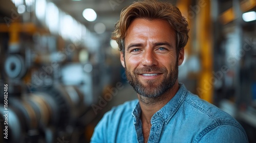 Industrial engineer man smiling in a workshop environment, showcasing tools and machinery in the background, on solid white background, single object