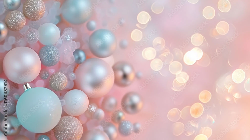 A delicate close-up of a Christmas tree decorated with glass ornaments in soft pastel shades, with an abstract background of diffused light in pink and gold tones, evoking a whimsi A delicate close-up of a Christmas tree decorated with glass ornaments in soft pastel shades, with an abstract background of diffused light in pink and gold tones, evoking a whimsi