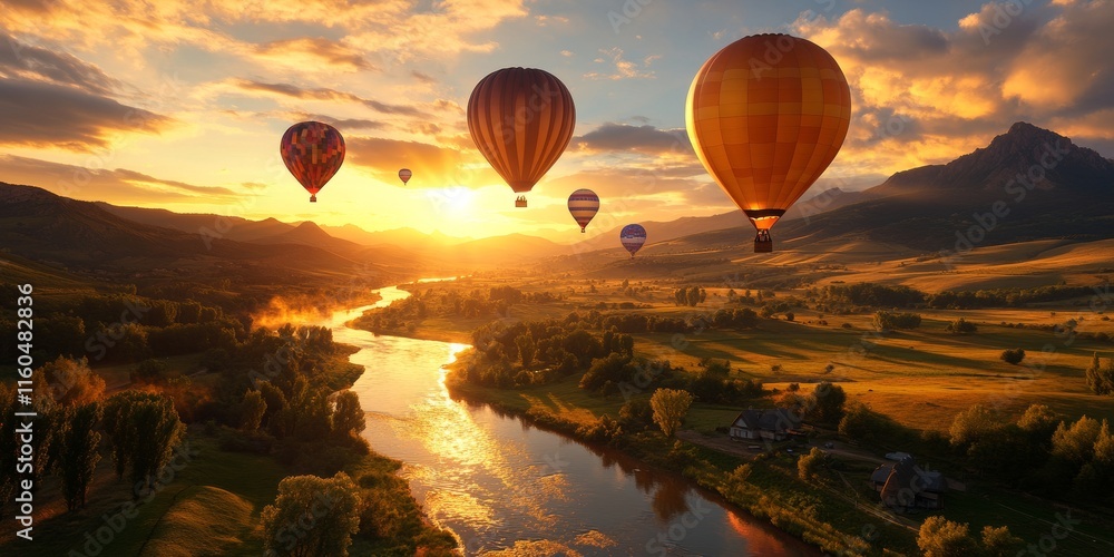 Hot air balloons flying over river and mountains at sunset Hot air balloons flying over river and mountains at sunset