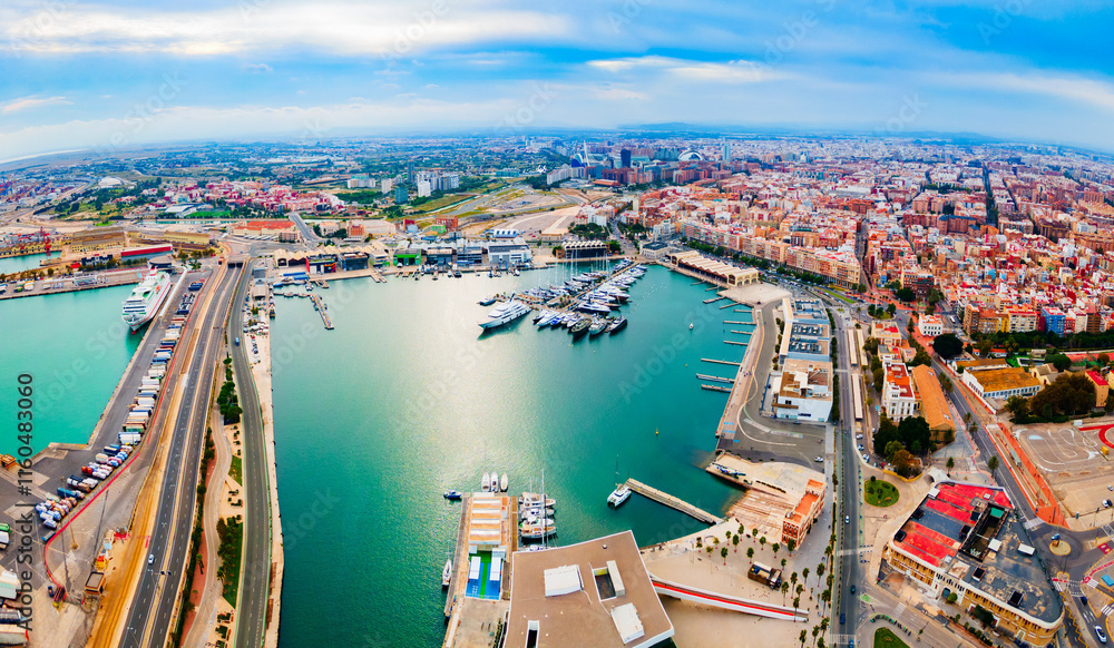 Valencia city port aerial panoramic view, Spain