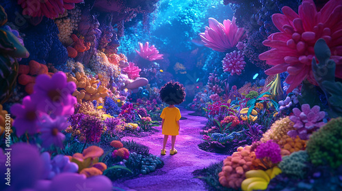 Child Exploring a Vibrant Fantasy Garden Path