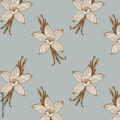 Vintage pattern with aromatic spices Vanilla flowers and vanilla beans on gray background.