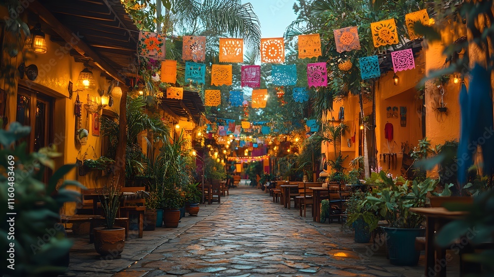 Fototapeta premium Festive atmosphere with traditional Latin American decorations and flags under festive lighting