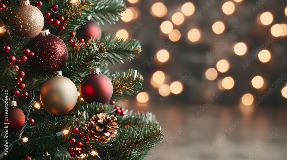 A traditional close-up of a Christmas tree with rich red, green, and gold ornaments, accented by holly berries and twinkling lights. The abstract background is a warm bokeh of fest