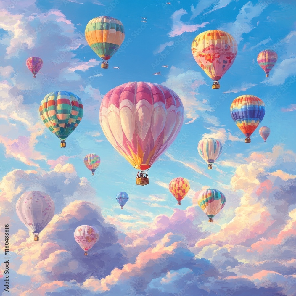 Fototapeta premium Colorful hot air balloons float in a dreamy sky.
