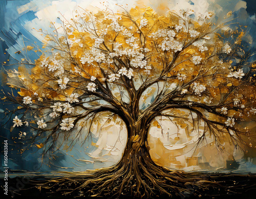Golden tree in the forest oil paint, gold tree with spring flowers with blue background wall art