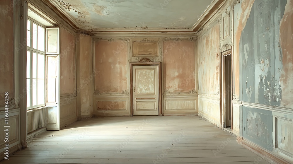 Empty, dilapidated room with peeling paint, wooden floors, and large windows, showing signs of age and neglect. Empty, dilapidated room with peeling paint, wooden floors, and large windows, showing signs of age and neglect.